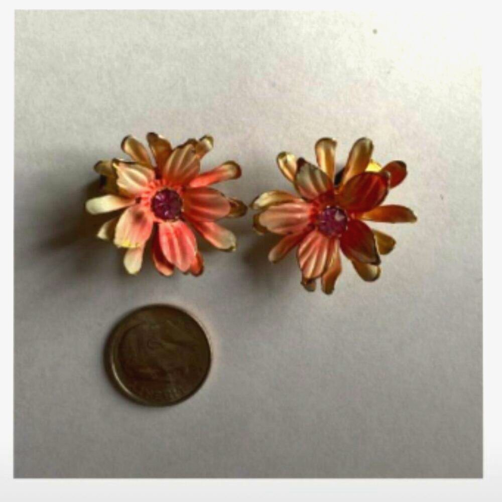 Austrian Pink Enamel Rhinestone Flower Gold Tone Clip On Earrings